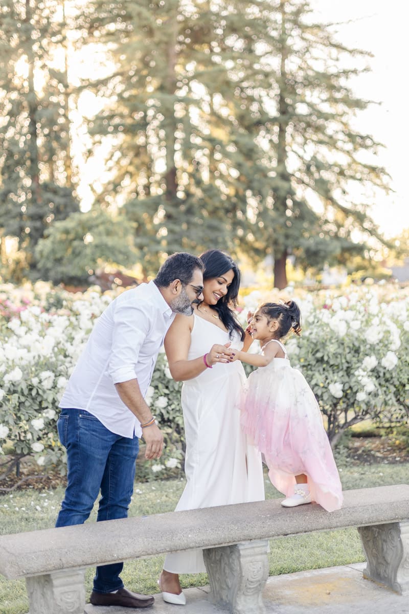 Family of three captured playfully as toddler daughter dances on bench while holding mom's hands during golden hour session at San Jose Rose Garden